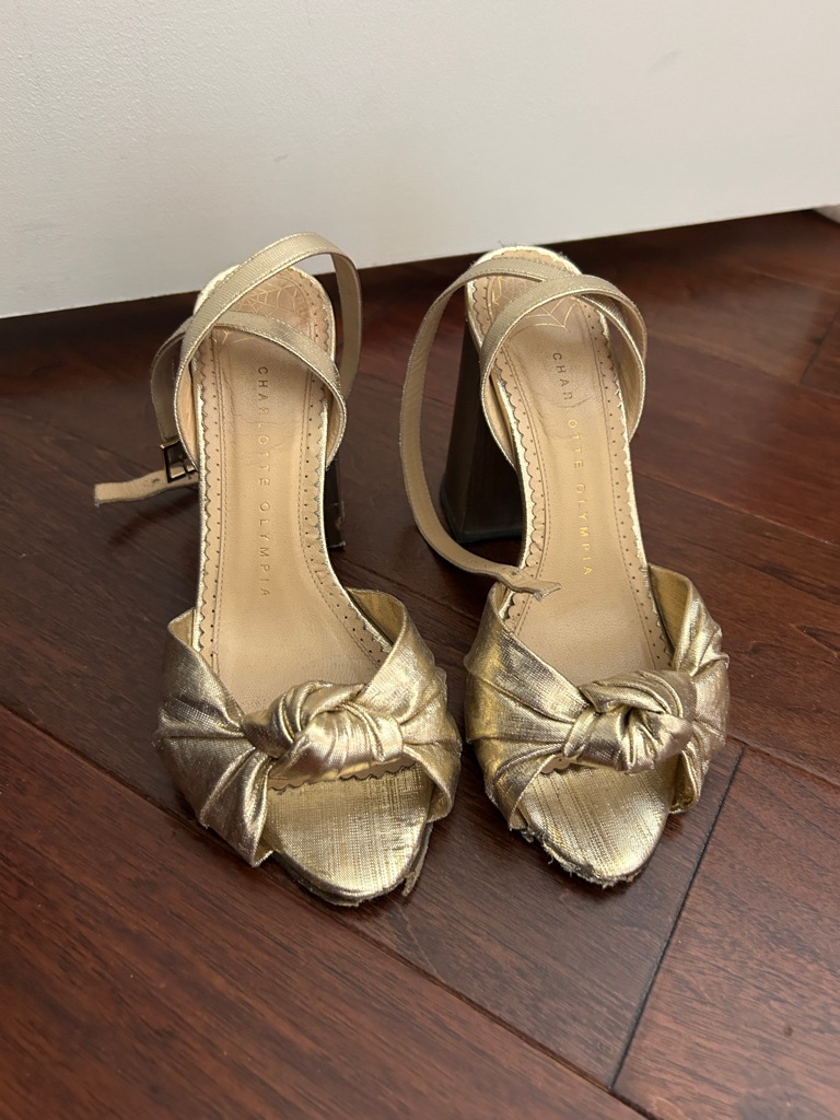 Charlotte Olympia Metallic Gold Knot Front Ankle-Strap Heels